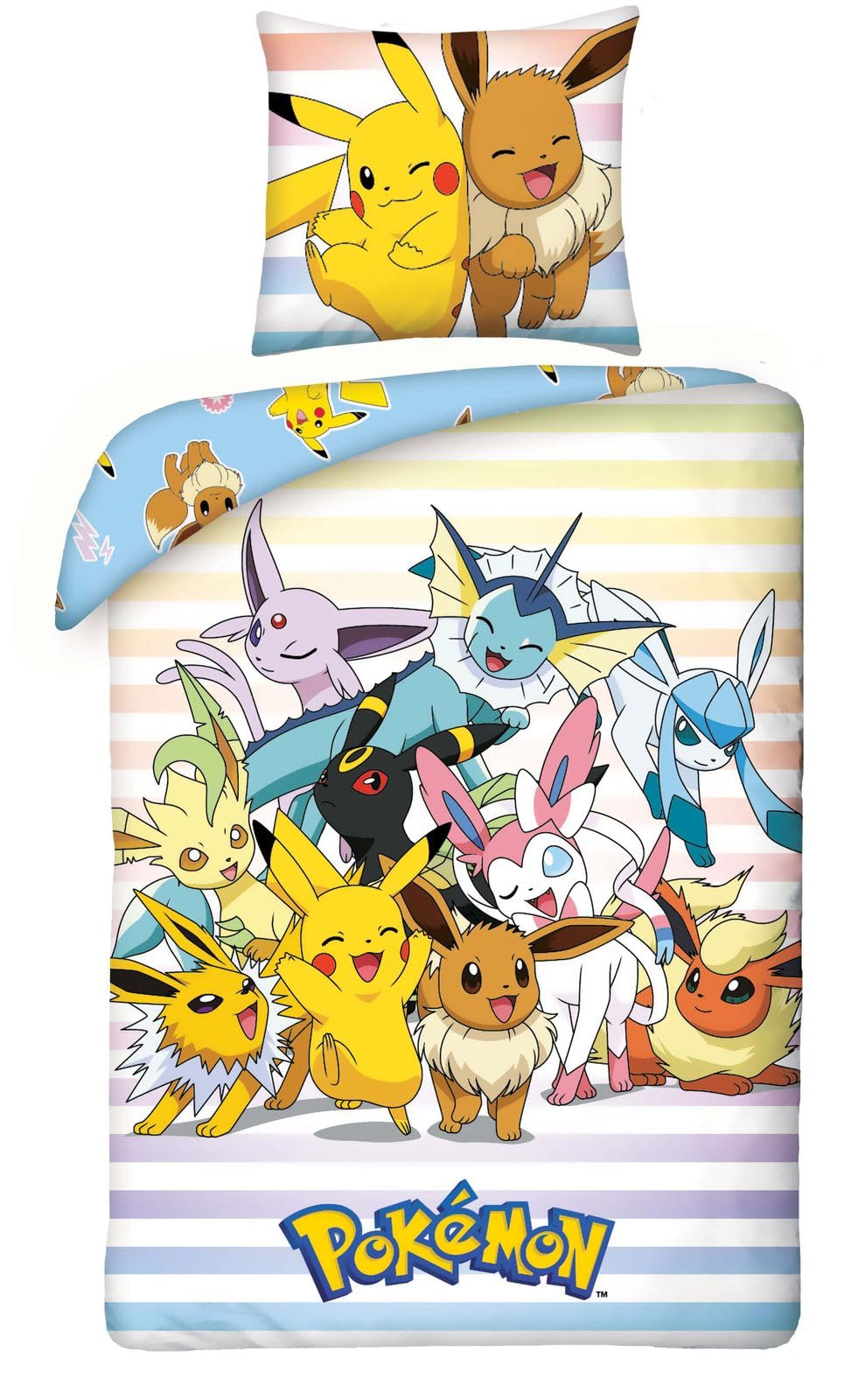 Pokemon Pikachu e Amici Set di biancheria da letto per bambini, copripiumino reversibile, 135 x 200 cm + federa 80 x 80 cm, Öko-Tex Standard in cotone