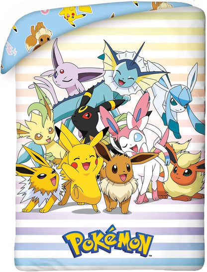 Pokemon Pikachu e Amici Set di biancheria da letto per bambini, copripiumino reversibile, 135 x 200 cm + federa 80 x 80 cm, Öko-Tex Standard in cotone