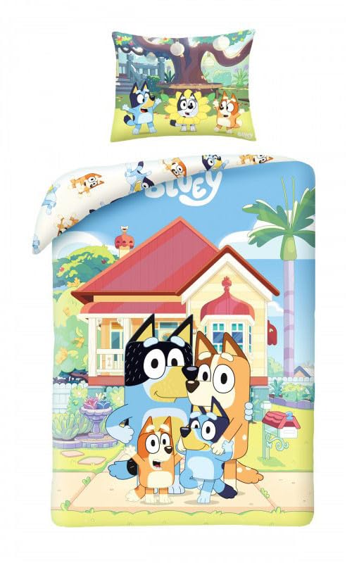 Halantex BLUEY Famiglia Cagnolini Set Letto Bluey Bingo Bandit Chilli - Copripiumino Reversibile 140x200cm e Federa 70x90cm - Multicolore - 100% Cotone