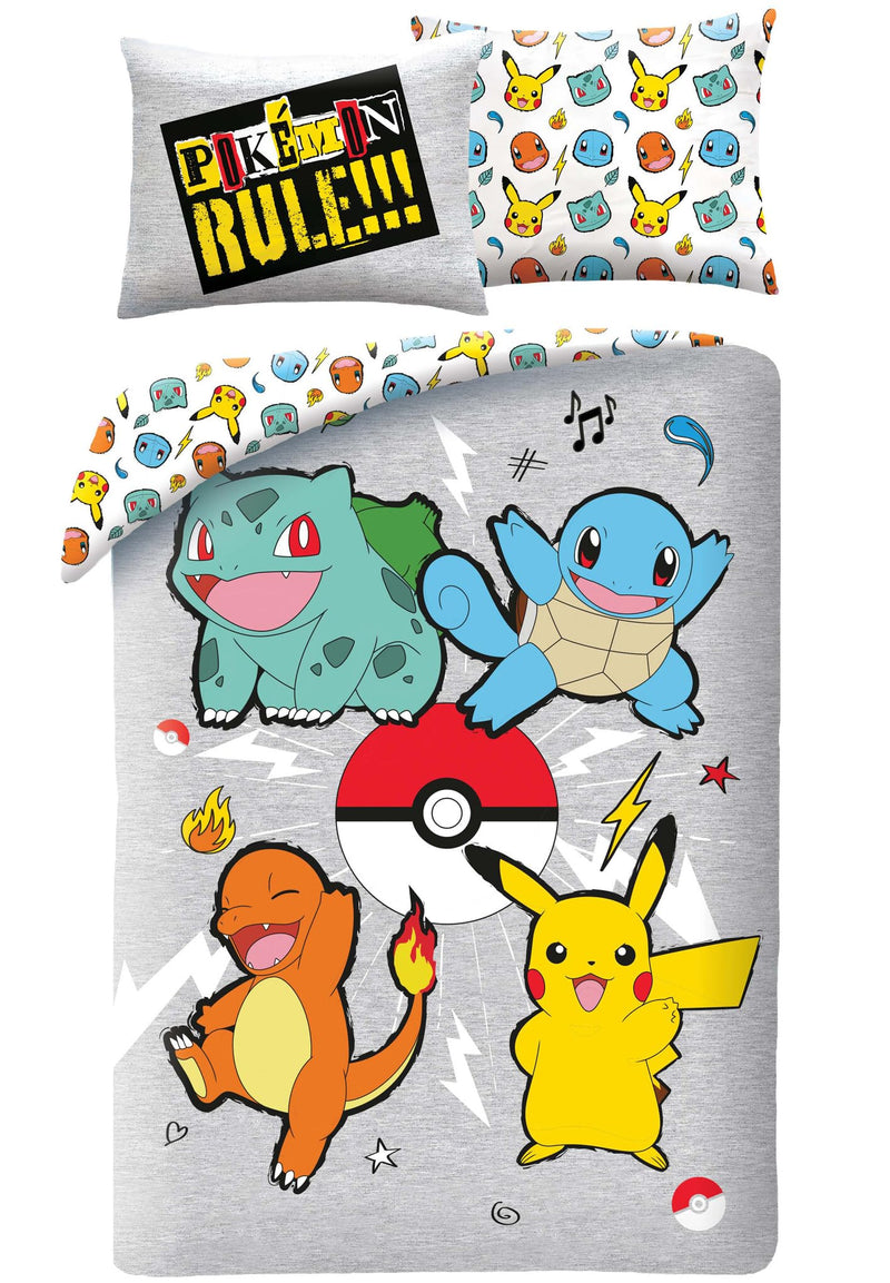 Set copripiumino Pokemon Rules, copripiumino 140 x 200 cm + federa per cuscino, con Pikachu, Bulbizarre, Salameca e Carapuce