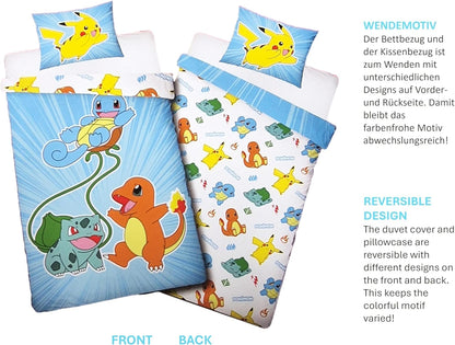 Biancheria da letto per bambini, reversibile, con copripiumino da 140 x 200 cm, federa da 70 x 90 cm, motivo Pokemon con Pikachu, Glumanda, scarabeo e Bulbizarr