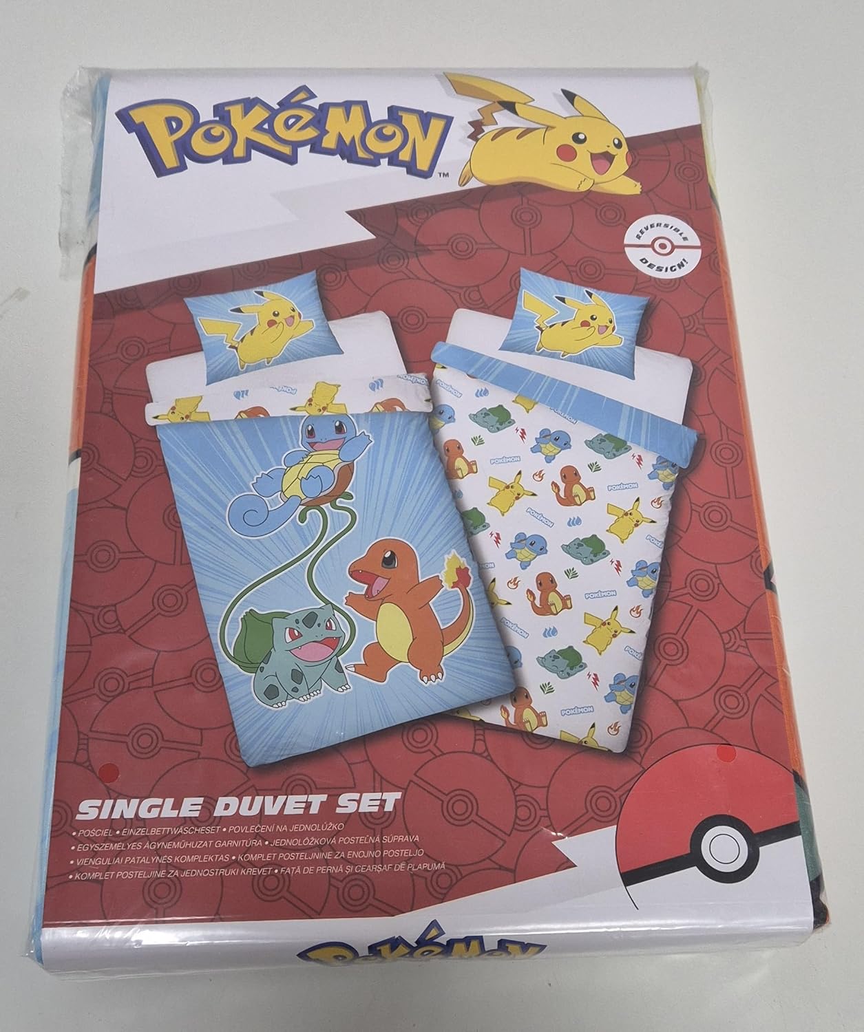 Biancheria da letto per bambini, reversibile, con copripiumino da 140 x 200 cm, federa da 70 x 90 cm, motivo Pokemon con Pikachu, Glumanda, scarabeo e Bulbizarr