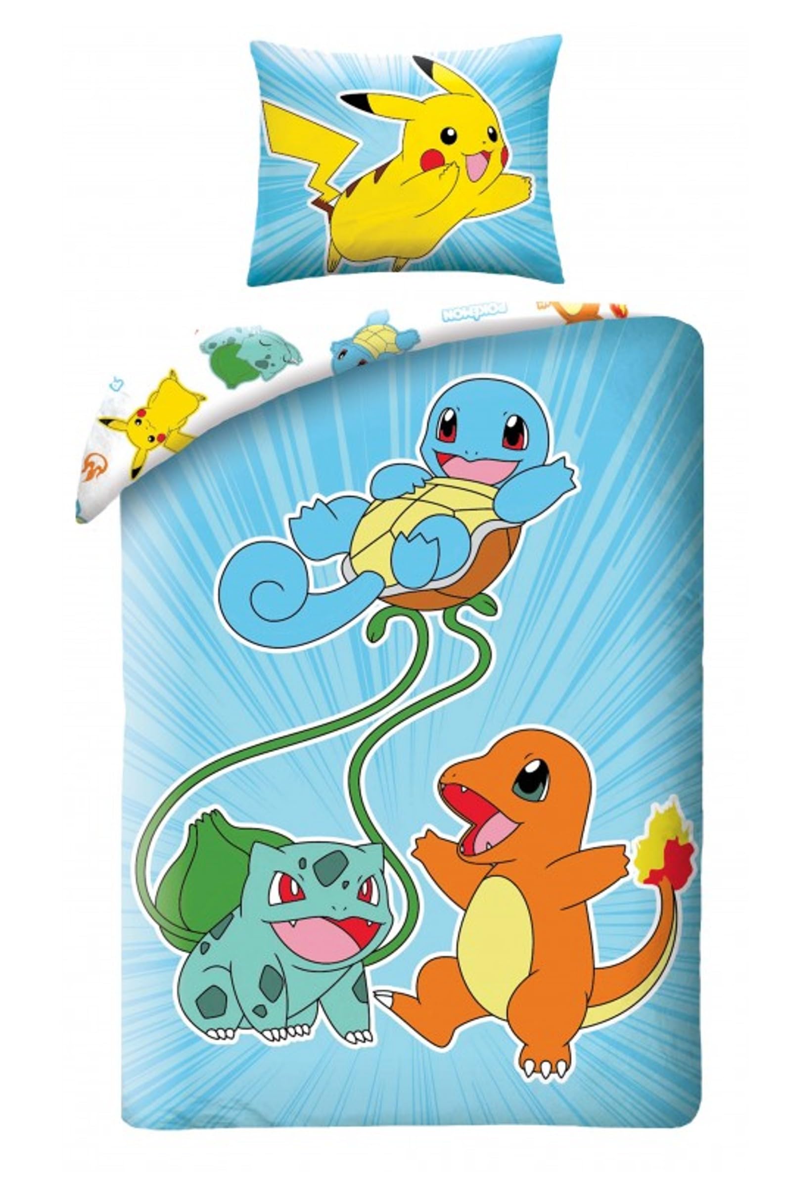 Biancheria da letto per bambini, reversibile, con copripiumino da 140 x 200 cm, federa da 70 x 90 cm, motivo Pokemon con Pikachu, Glumanda, scarabeo e Bulbizarr