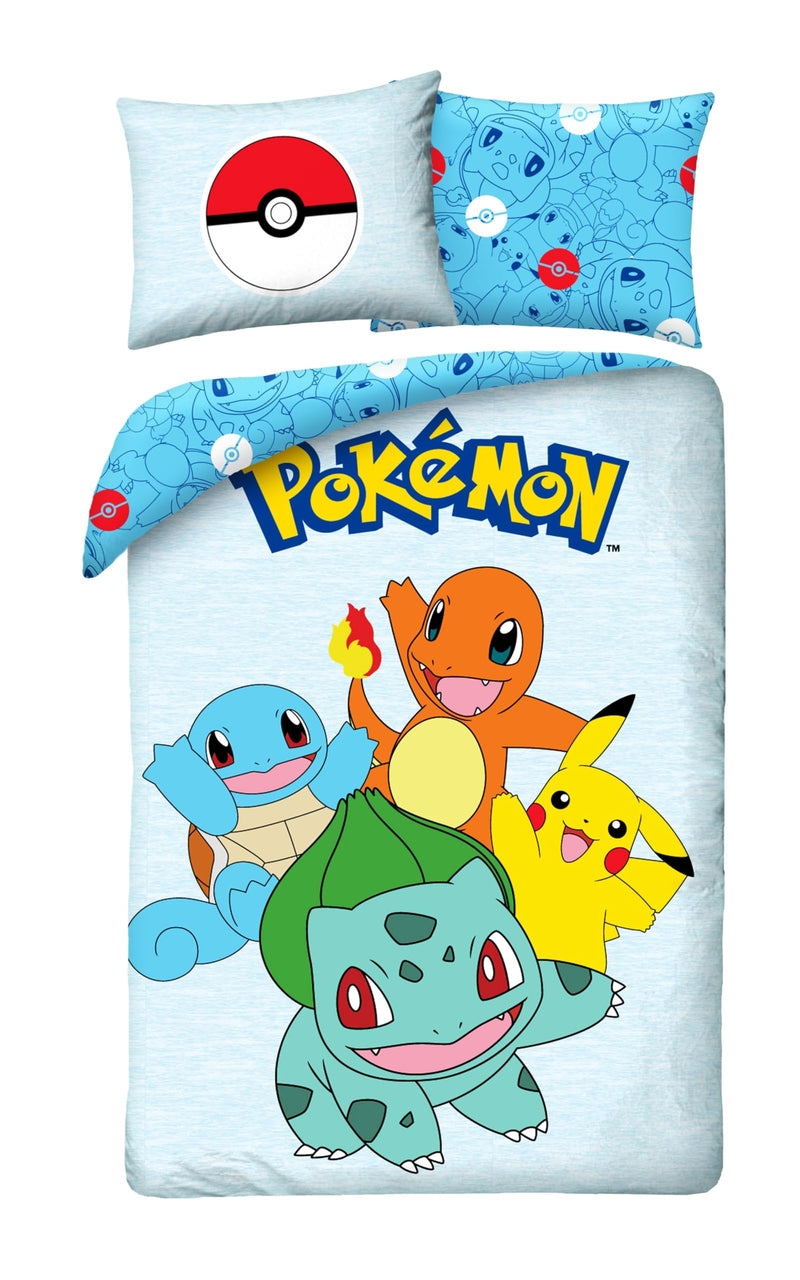 POKEMON PIKACHU Bulbasaur Charizard Squirtle – Bedding Set Duvet Cover 140 x 200 cm + Pillowcase 70 x 90 cm – Reversible – 100% Cotton Oeko-Tex – Light Blue Multicoloured