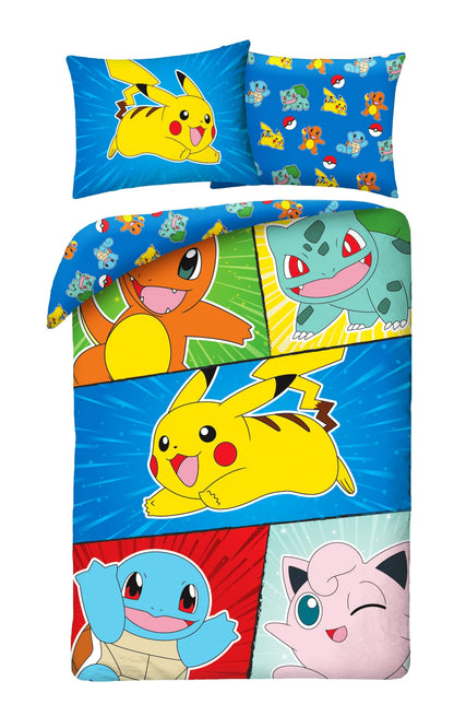 Halantex Set copripiumino Pokemon, Pikachu e Amici, 2 pezzi 140 x 200 cm + 1 federa 70 x 90 cm. 100% cotone, Oeko-TEX, letto singolo