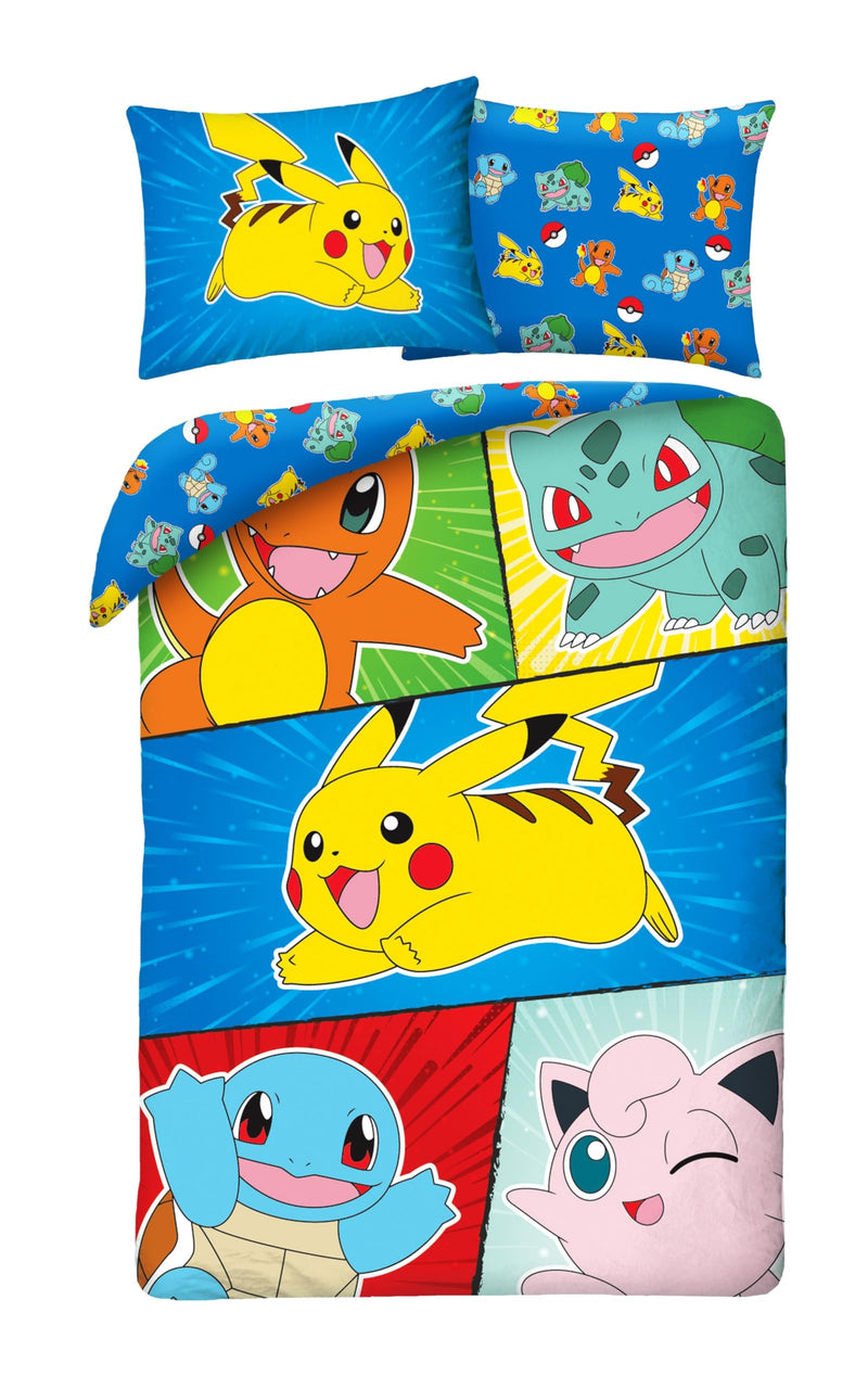 Halantex Set copripiumino Pokemon, Pikachu e Amici, 2 pezzi 140 x 200 cm + 1 federa 70 x 90 cm. 100% cotone, Oeko-TEX, letto singolo