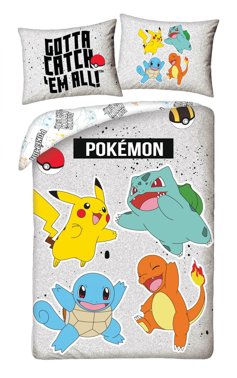 Pokemon Bedding Set with Charmander, Squirt, Pikachu and Bulbasarre, Duvet Cover 140 x 200 cm + Pillowcase 70 x 90 cm, Grey