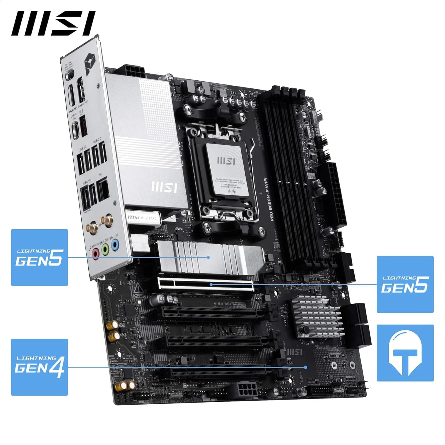 MSI PRO B850M-P WIFI Motherboard, mATX - Supports AMD Ryzen 9000/8000 / 7000 Processors, AM5 - DDR5 Memory Boost (8200+ MT/s OC), PCIe 5.0 x16 & 4.0 x16, M.2 Gen5, Wi-Fi 7, 5G LAN