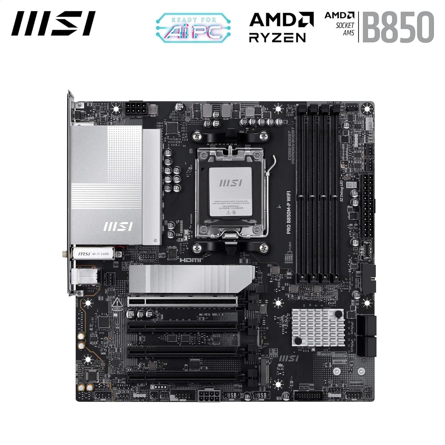 MSI PRO B850M-P WIFI Motherboard, mATX - Supports AMD Ryzen 9000/8000 / 7000 Processors, AM5 - DDR5 Memory Boost (8200+ MT/s OC), PCIe 5.0 x16 & 4.0 x16, M.2 Gen5, Wi-Fi 7, 5G LAN