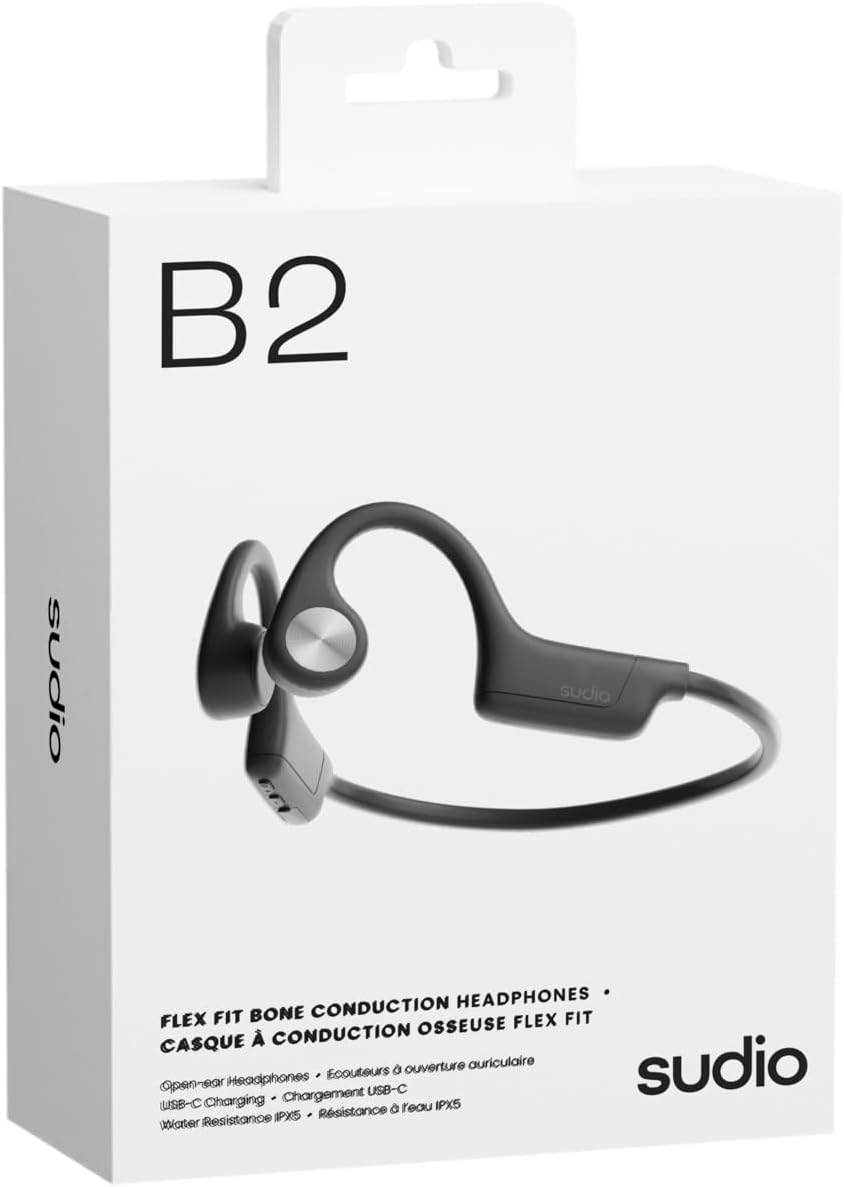 Sudio B4 Midnight Black - the active bone conduction earbuds. Made of recycled plastic. Open ear buds, long playing time of 12 hours, resistant to sweat and splash water, Bluetooth 5.4