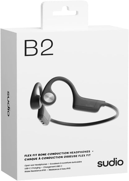Sudio B4 Midnight Black - the active bone conduction earbuds. Made of recycled plastic. Open ear buds, long playing time of 12 hours, resistant to sweat and splash water, Bluetooth 5.4