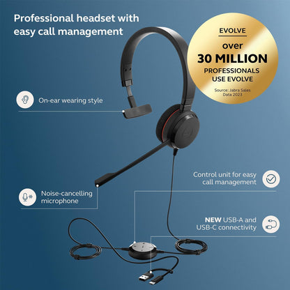 Jabra Evolve 20 Mono Headset – Unified Communication Certified Headphones for VoIP Softphone with Passive Noise Cancellation – USB-C/A – Black