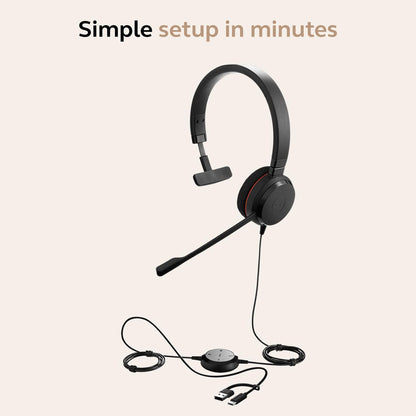 Jabra Evolve 20 Mono Headset – Unified Communication Certified Headphones for VoIP Softphone with Passive Noise Cancellation – USB-C/A – Black