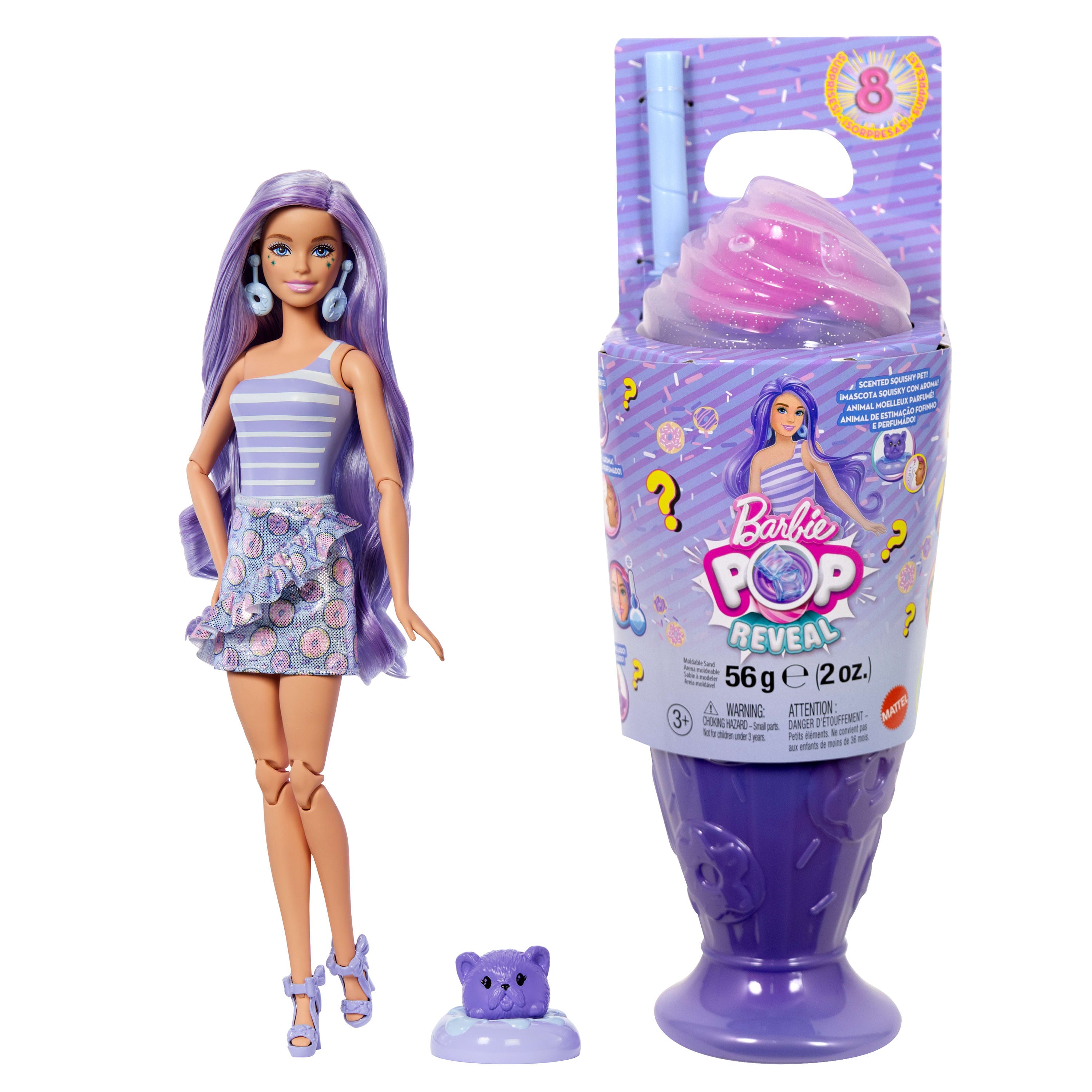Barbie Pop Reveal Serie Set aus Modepuppe und Zubehör, Treat-Serie, Donut Dreams Design mit Haustier, 8 Überraschungen inklusive Farbwechsel, JFY60