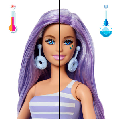 Barbie Pop Reveal Serie Set aus Modepuppe und Zubehör, Treat-Serie, Donut Dreams Design mit Haustier, 8 Überraschungen inklusive Farbwechsel, JFY60