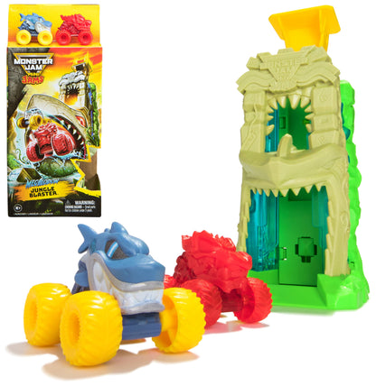Monster Jam Mini Jams, Megalodon Jungle Blaster Launcher Playset, 2 Exclusive Die-Cast Monster Trucks & Accessory, Kids Toys for Boy and Girls Ages 3 and up