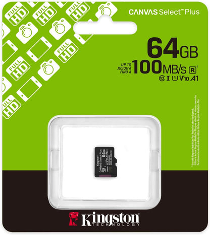 Kingston Canvas Select Plus microSD Memory Card 64GB micSDXC Gen3 100R A1 Single Pack w/o ADP - SDCS3/64GBSP