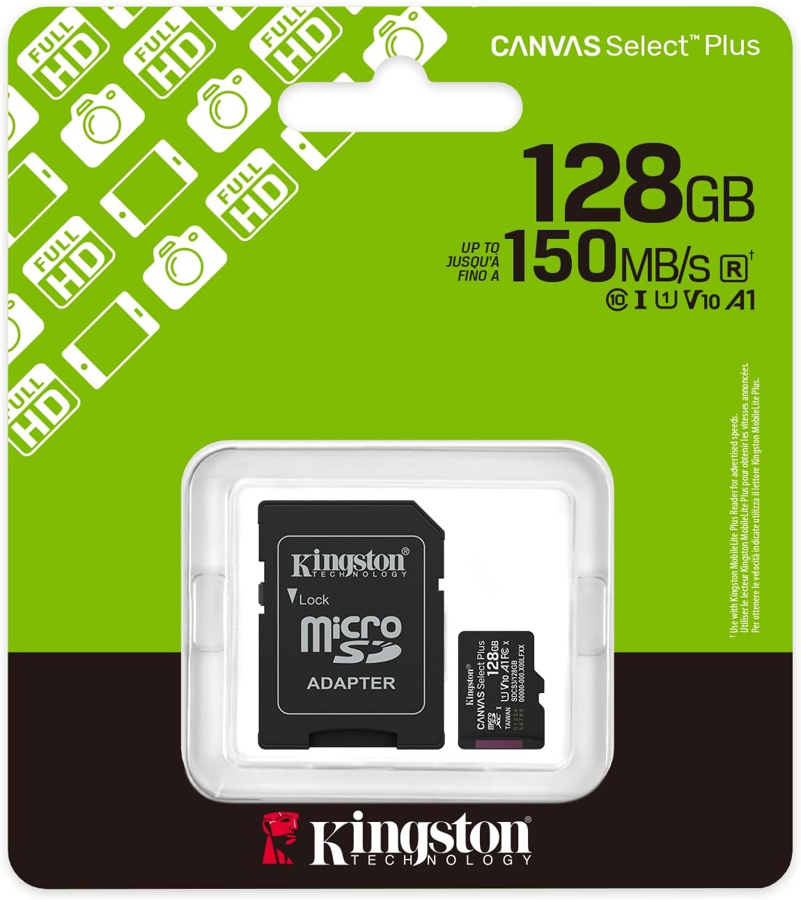 Kingston Canvas Select Plus microSD Memory Card 128GB microSDXC Gen3 150MB/s A1 Card + Adapter - SDCS3/128GB