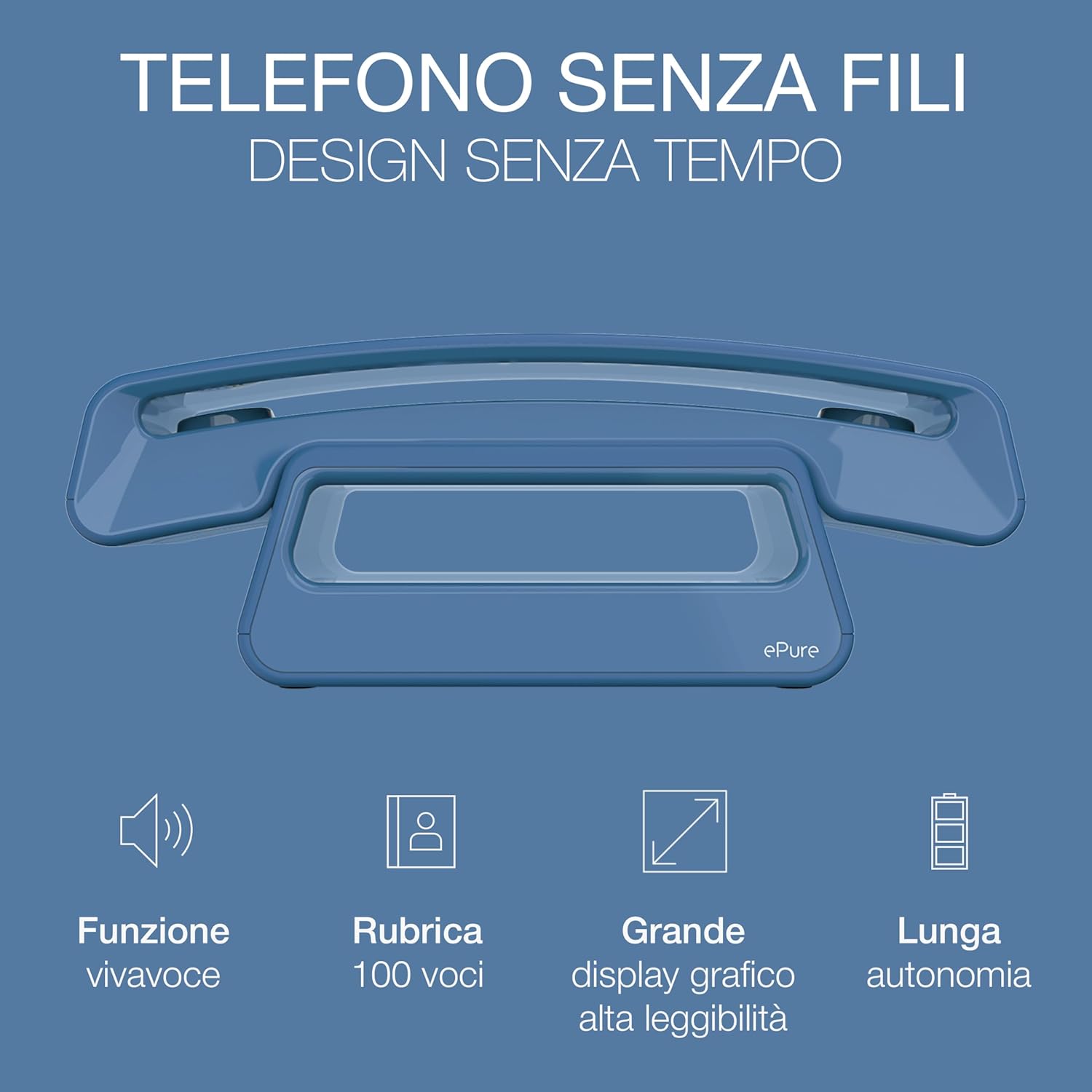 ALCATEL ePure Iconic -Telefono fisso cordless DECT - Design vintage - Grande display grafico ad alta leggibilità - Vivavoce - Funzione blocco chiamate - Blu