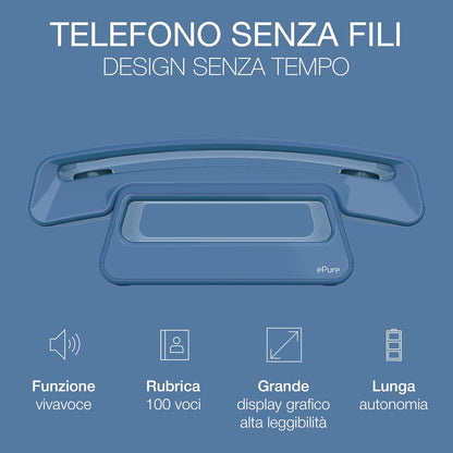 ALCATEL ePure Iconic -Telefono fisso cordless DECT - Design vintage - Grande display grafico ad alta leggibilità - Vivavoce - Funzione blocco chiamate - Blu