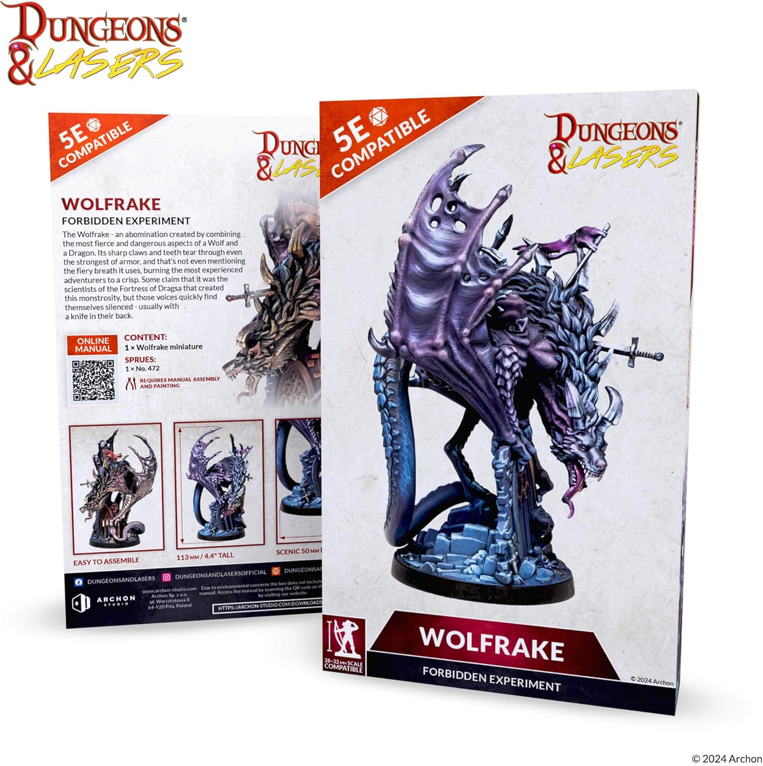 Dungeons & Lasers Wolfrake Dragon Miniature - 4.4" Tall Figure (113mm) with Scenic Base - 5E Compatible for DND and Tabletop RPG Games - Highly Detailed, Unassembled, Unpainted - for Ages 14 Years +