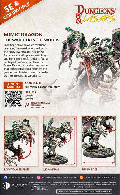 Dungeons & Lasers Mimic Dragon Miniature Figure - Tall 5" Height with Scenic Base - 5E Compatible for use with DND and Tabletop RPG Games - Highly Detailed and Unpainted