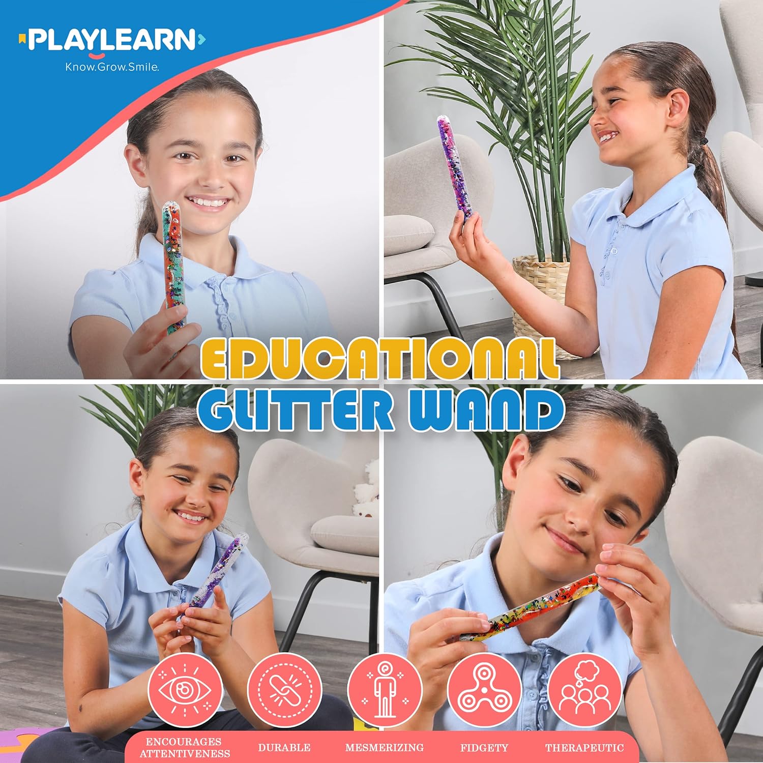Playlearn SMGT4 Sensory Small Clear Durable Tubes Age 3+ in Shatter-Proof Plastic Filled with Swirling Liquid and Glitter in Bright Colours, Multicolor, Medium