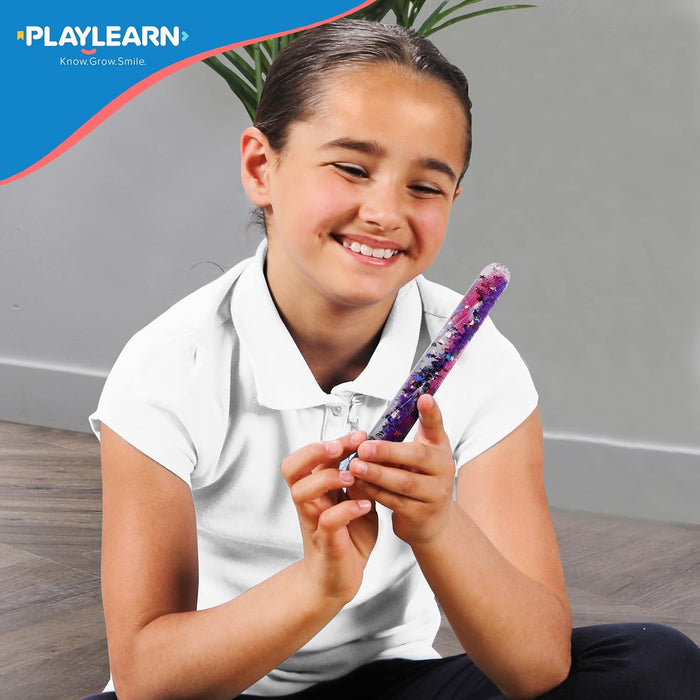 Playlearn SMGT4 Sensory Small Clear Durable Tubes Age 3+ in Shatter-Proof Plastic Filled with Swirling Liquid and Glitter in Bright Colours, Multicolor, Medium