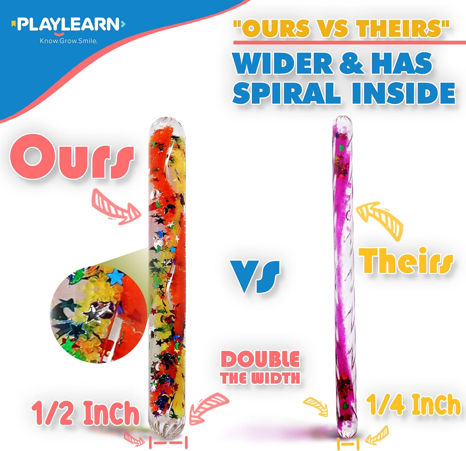 Playlearn SMGT4 Sensory Small Clear Durable Tubes Age 3+ in Shatter-Proof Plastic Filled with Swirling Liquid and Glitter in Bright Colours, Multicolor, Medium