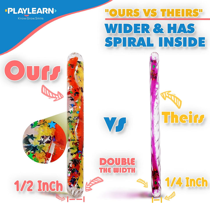 Playlearn SMGT4 Sensory Small Clear Durable Tubes Age 3+ in Shatter-Proof Plastic Filled with Swirling Liquid and Glitter in Bright Colours, Multicolor, Medium