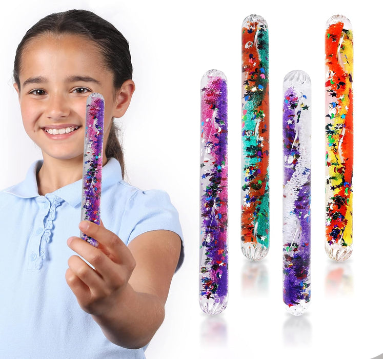 Playlearn SMGT4 Sensory Small Clear Durable Tubes Age 3+ in Shatter-Proof Plastic Filled with Swirling Liquid and Glitter in Bright Colours, Multicolor, Medium