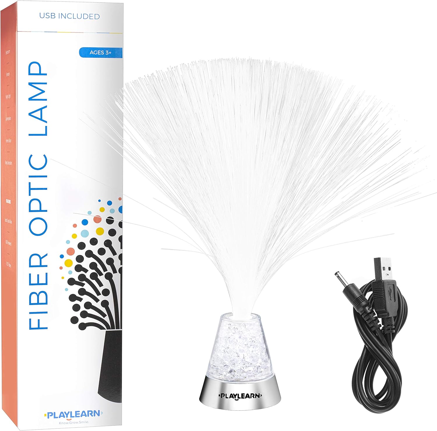 Playlearn Fibre Optic Colour Changing Lamp, Crystal Filled Base - 4 Colours Battery Operated, For Kids, Adults - 13 Inch Mood Novelty Lamp Bedroom or Table Decoration