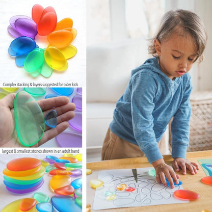 Playlearn Rainbow Stacking Stones Sensory Fidget (30 pcs) - Color Mixing, Light Table Add-On, Water Play, Kid-Safe Acrylic Pebbles