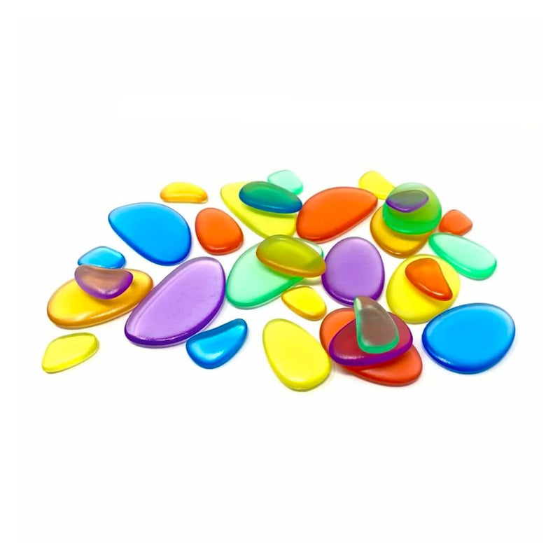 Playlearn Rainbow Stacking Stones Sensory Fidget (30 pcs) - Color Mixing, Light Table Add-On, Water Play, Kid-Safe Acrylic Pebbles