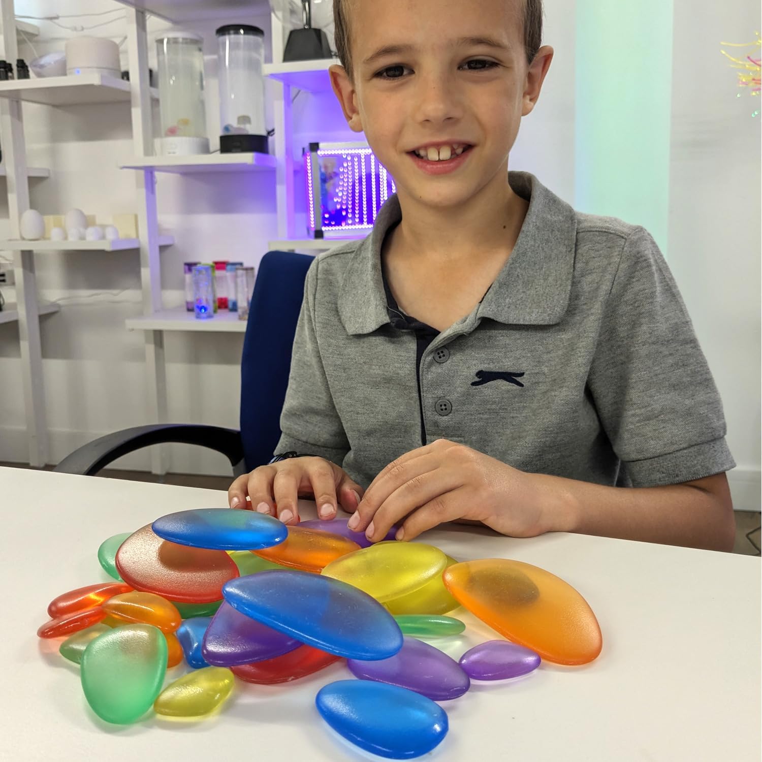 Playlearn Rainbow Stacking Stones Sensory Fidget (30 pcs) - Color Mixing, Light Table Add-On, Water Play, Kid-Safe Acrylic Pebbles