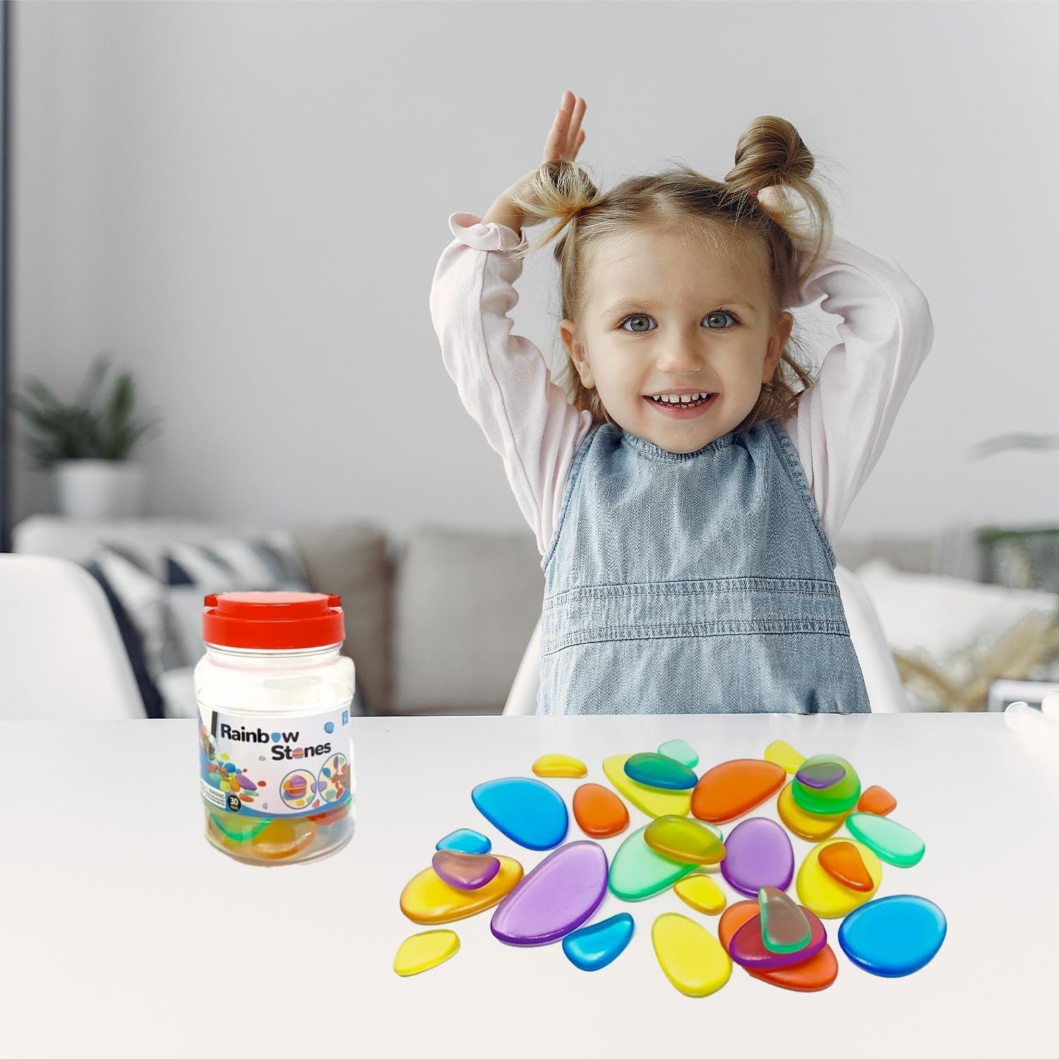 Playlearn Rainbow Stacking Stones Sensory Fidget (30 pcs) - Color Mixing, Light Table Add-On, Water Play, Kid-Safe Acrylic Pebbles