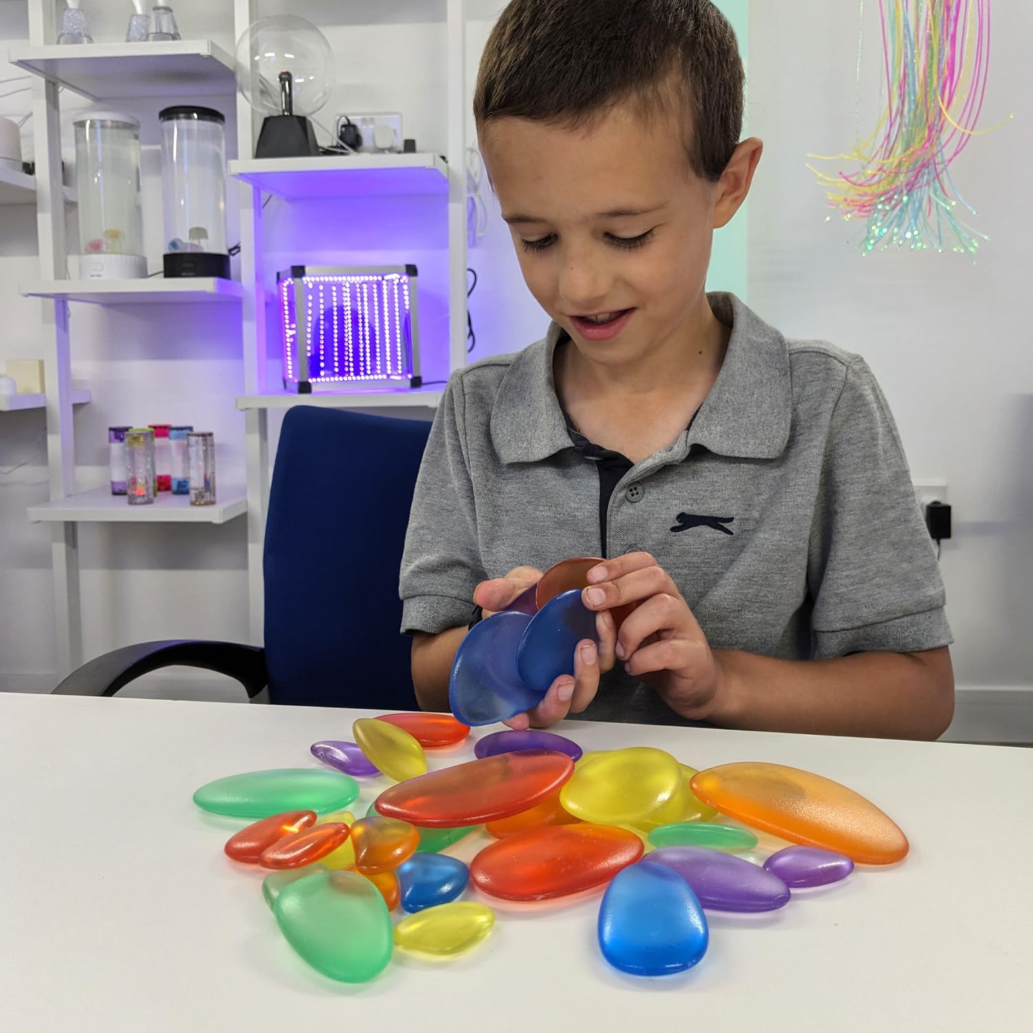 Playlearn Rainbow Stacking Stones Sensory Fidget (30 pcs) - Color Mixing, Light Table Add-On, Water Play, Kid-Safe Acrylic Pebbles