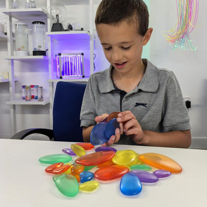 Playlearn Rainbow Stacking Stones Sensory Fidget (30 pcs) - Color Mixing, Light Table Add-On, Water Play, Kid-Safe Acrylic Pebbles