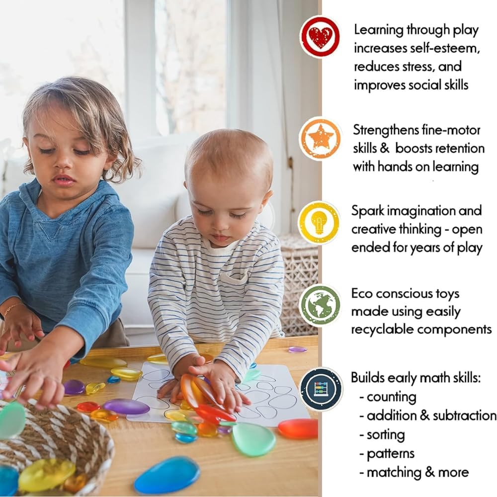 Playlearn Rainbow Stacking Stones Sensory Fidget (30 pcs) - Color Mixing, Light Table Add-On, Water Play, Kid-Safe Acrylic Pebbles