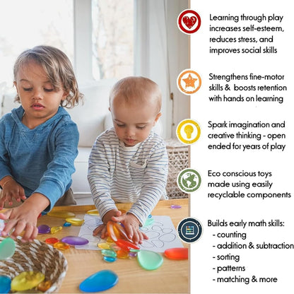 Playlearn Rainbow Stacking Stones Sensory Fidget (30 pcs) - Color Mixing, Light Table Add-On, Water Play, Kid-Safe Acrylic Pebbles