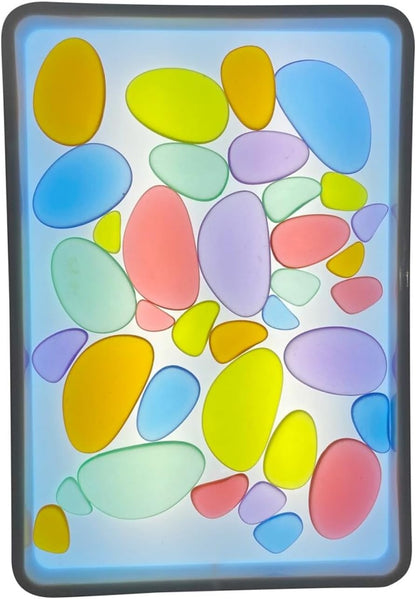 Playlearn Rainbow Stacking Stones Sensory Fidget (30 pcs) - Color Mixing, Light Table Add-On, Water Play, Kid-Safe Acrylic Pebbles