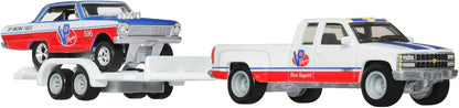 Hot Wheels Team Transport '63 Chevy Nova & '88 Chevy Silverado Die-Cast Vehicle Set, Racing Car with Trailer, VP Racing, 1:64 Scale