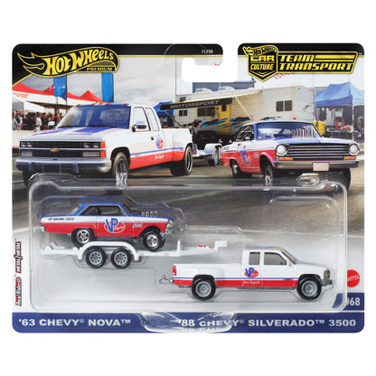 Hot Wheels Team Transport '63 Chevy Nova & '88 Chevy Silverado Die-Cast Vehicle Set, Racing Car with Trailer, VP Racing, 1:64 Scale