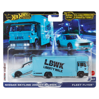 Hot Wheels - Nissan Skyline 2000GT-R LBWK & Fleet Flyer - Team Transport - HRV45 - Premium Set of 2 - Metal/Metal - Real Riders - Lyberty Walk - Mattel 2024-1:64