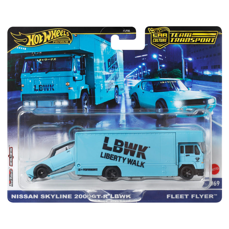 Hot Wheels - Nissan Skyline 2000GT-R LBWK & Fleet Flyer - Team Transport - HRV45 - Premium Set of 2 - Metal/Metal - Real Riders - Lyberty Walk - Mattel 2024-1:64