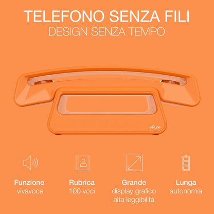 ALCATEL ePure Iconic - Telefono fisso cordless DECT - Design vintage - Grande display grafico ad alta leggibilità - Vivavoce - Funzione blocco chiamate - Arancione