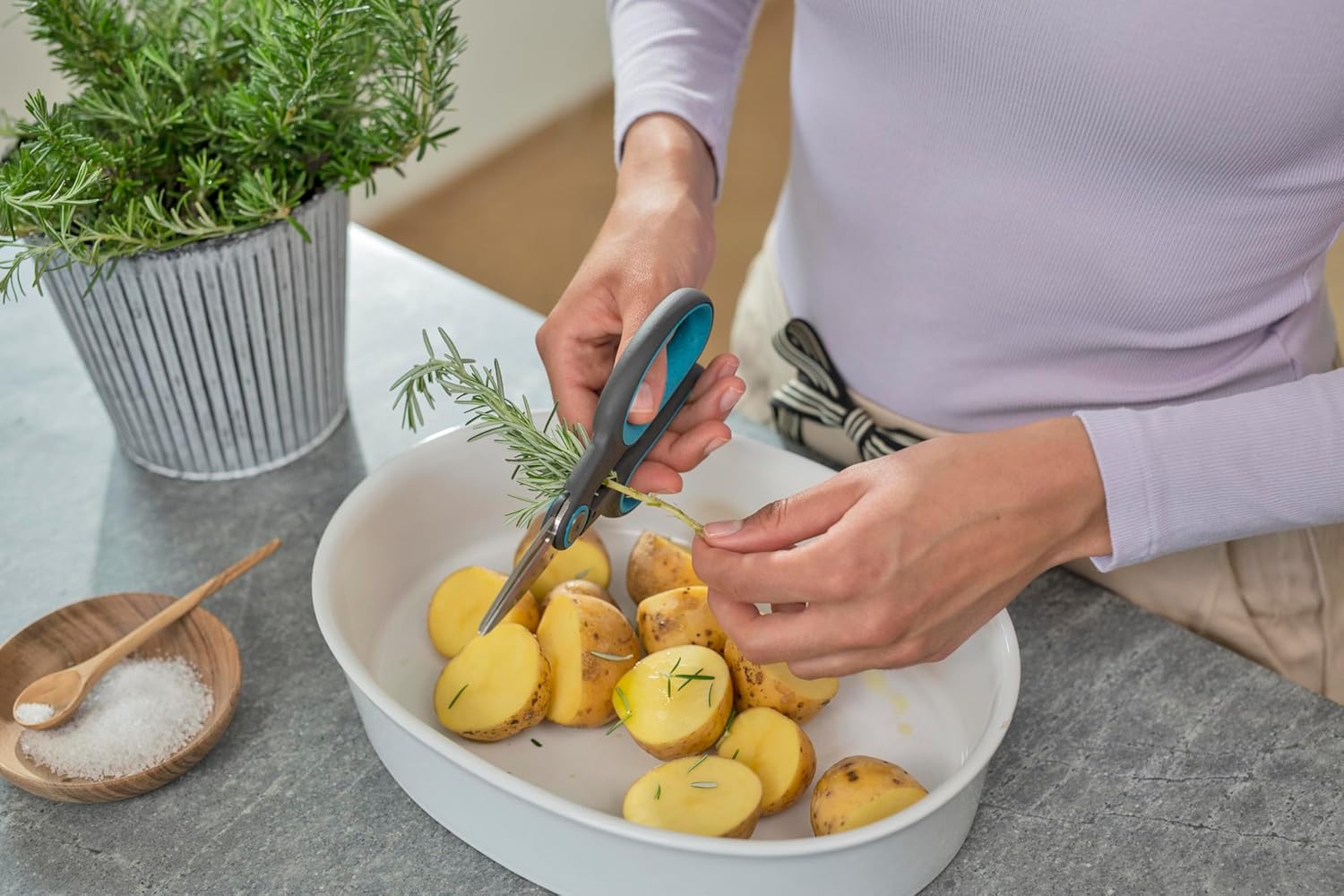 GARDENA HerbCut: stainless steel herb scissors for cutting herbs with woody stems, 52 mm blades, handles made from recycled plastic, with leaf stripper for herbs like rosemary (12214-20