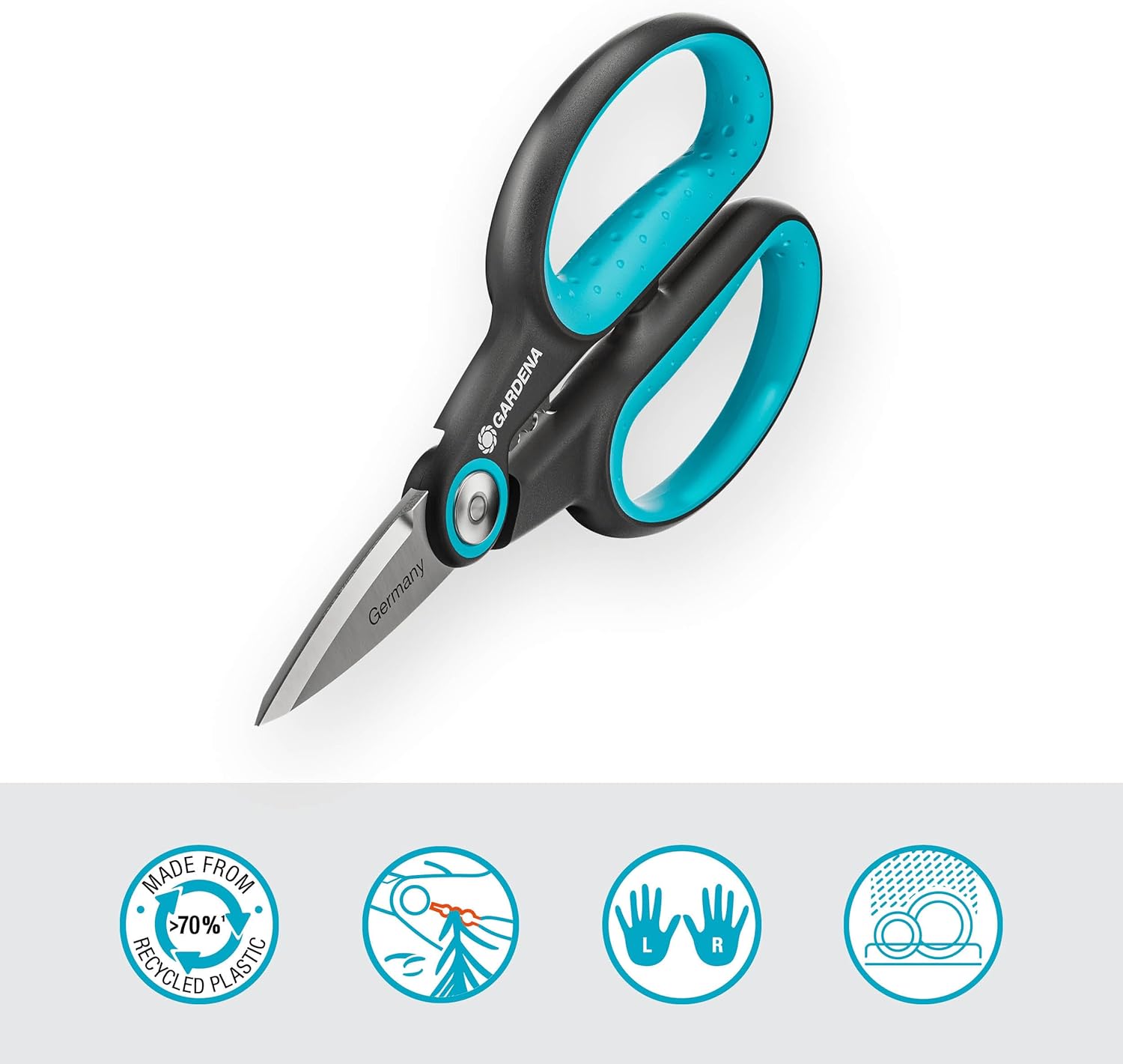 GARDENA HerbCut: stainless steel herb scissors for cutting herbs with woody stems, 52 mm blades, handles made from recycled plastic, with leaf stripper for herbs like rosemary (12214-20