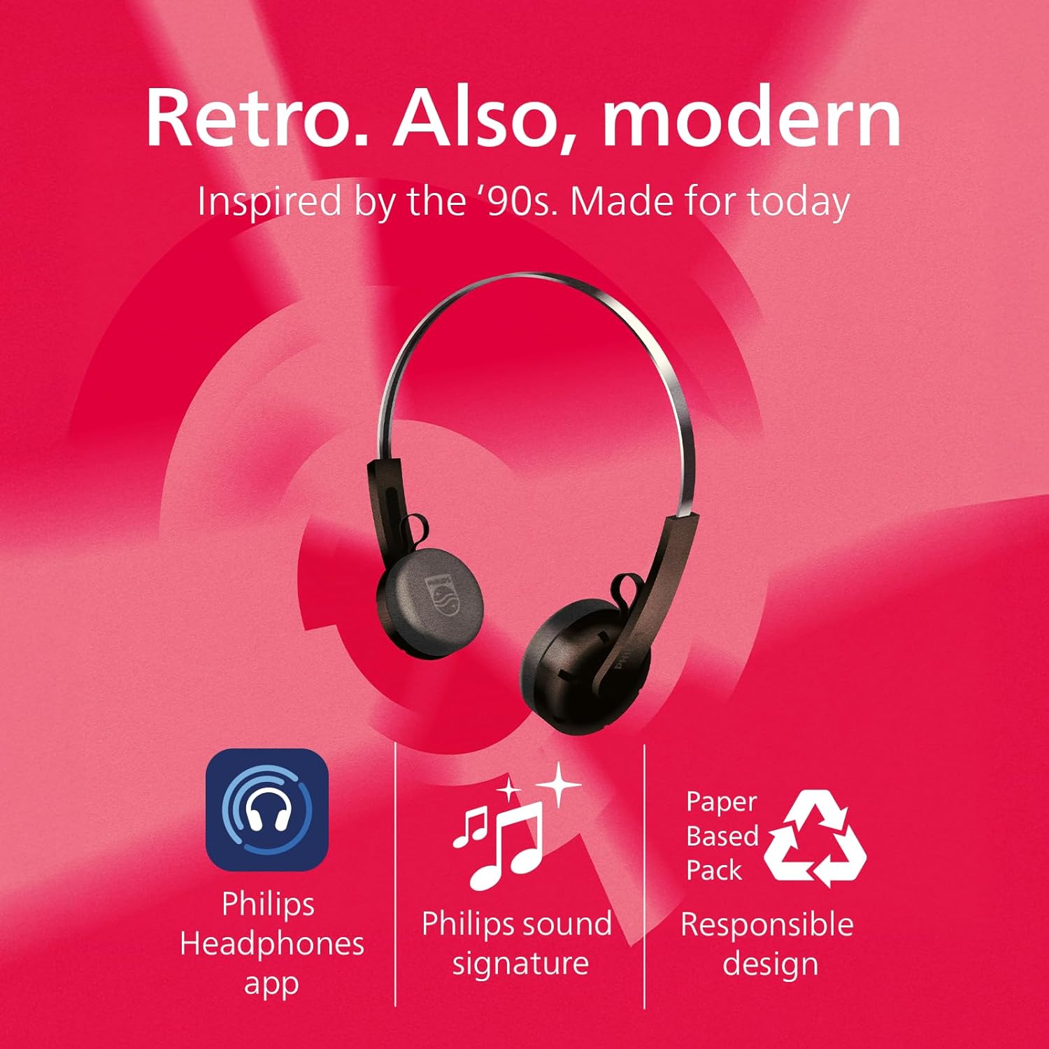 Philips CENTURY 2000 Series Wireless On-Ear Headphones TAH2000BK/00 “The Ringo” | Retro Bluetooth 5.4 Headphones with 26h Play Time, Multipoint, Mic, On-Ear Controls & Spare Cushions