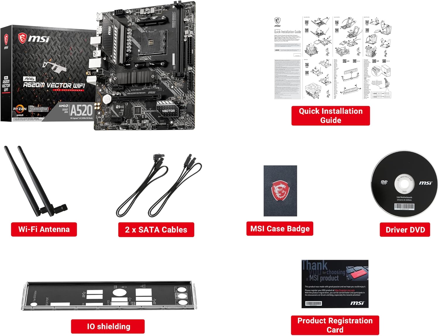 MSI MAG A520M VECTOR WIFI Gaming Motherboard (AMD Ryzen 3000 3rd Generation ryzen AM4, DDR4, M.2, USB 3.2 Generation 1, Wi-Fi, DP/HDMI, Micro ATX